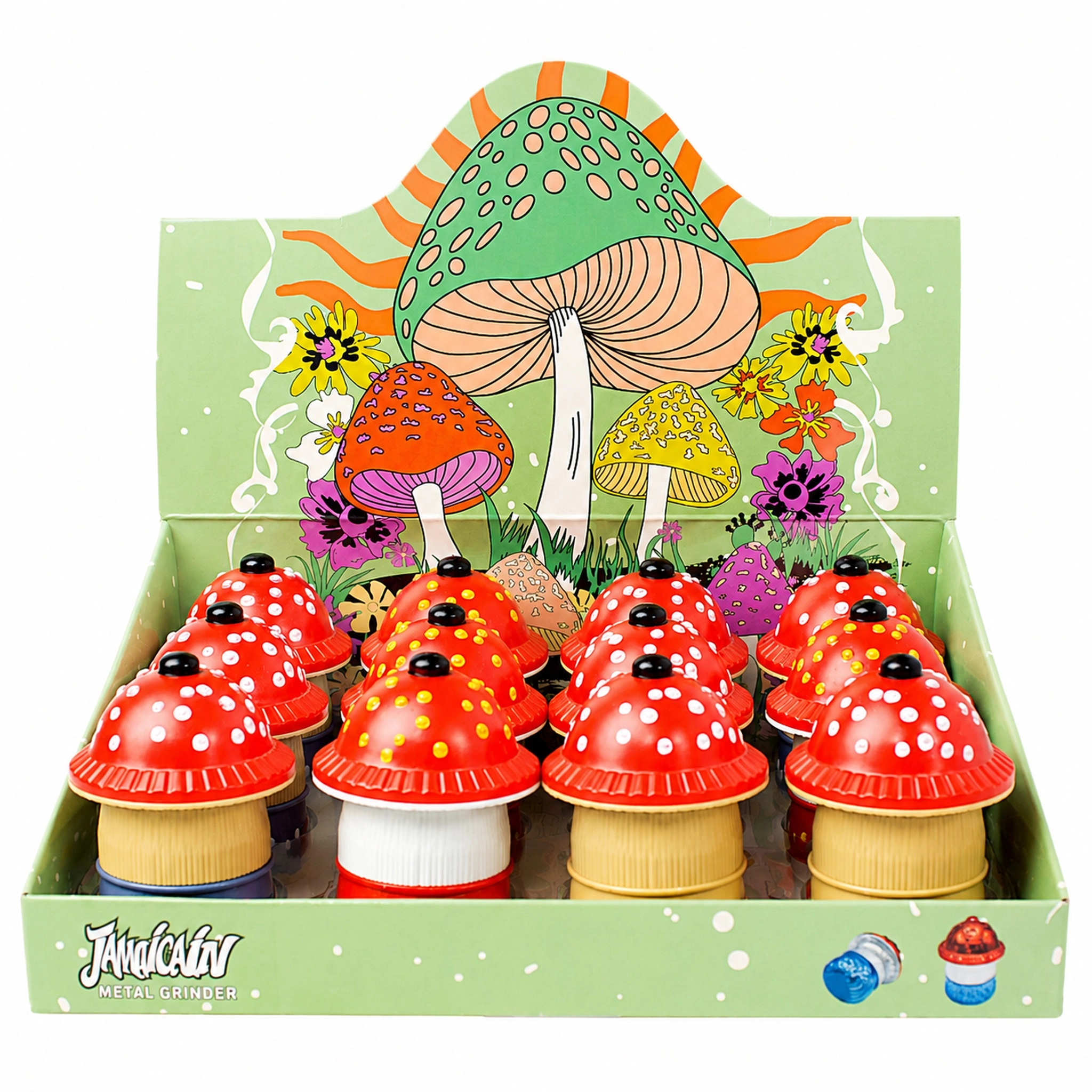 4-Layer Spotted Mushroom Herb Grinder, 59mm Diameter × 84mm Height, Mixed Color Transparent Acrylic Shell with Zinc Alloy Internal Grinding ZNG307C Parts, Jamaicain Psychedelic Cartoon Spice Crusher, 12pcs Retail Display Box ZNG307