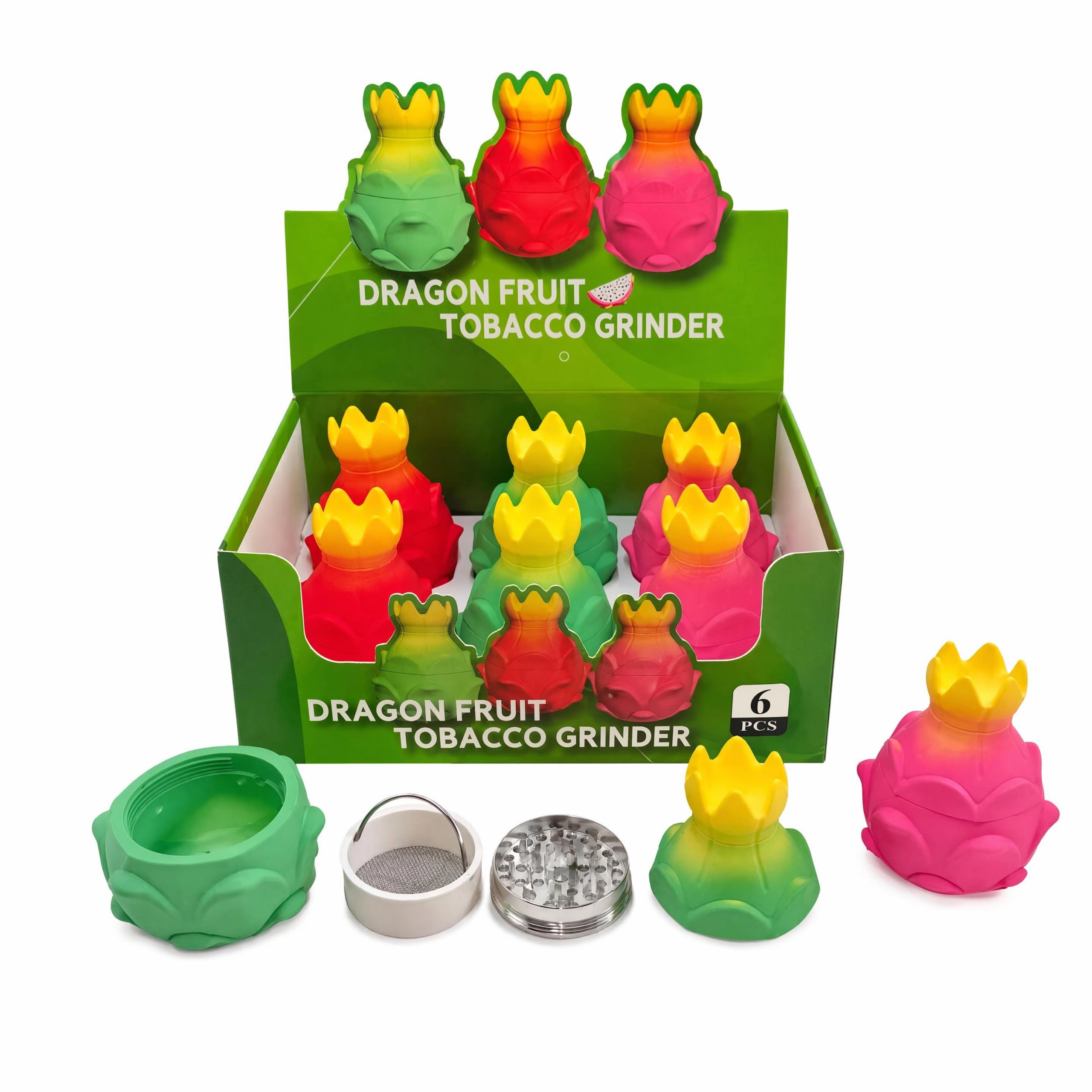 Novelty Dragon Fruit 4-Layer Herb Grinder, Soft Silicone Outer Shell Zinc Alloy Spice Crusher with Pollen Catcher Screen ZNG803