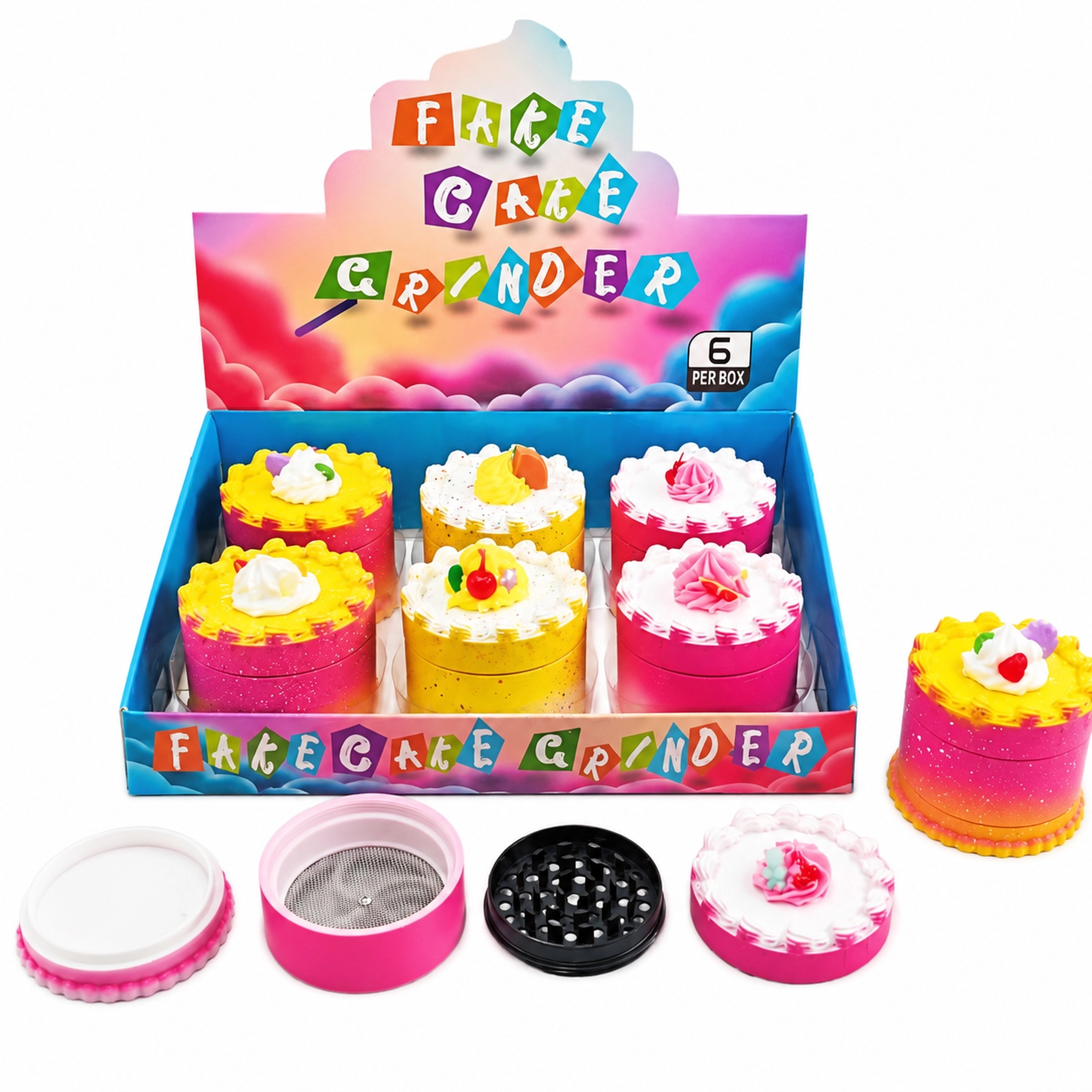 Cute Fake Cake 4-Layer Herb Grinder, Soft Silicone Shell Zinc Alloy Spice Crusher with Pollen Catcher Mesh Screen ZNG805