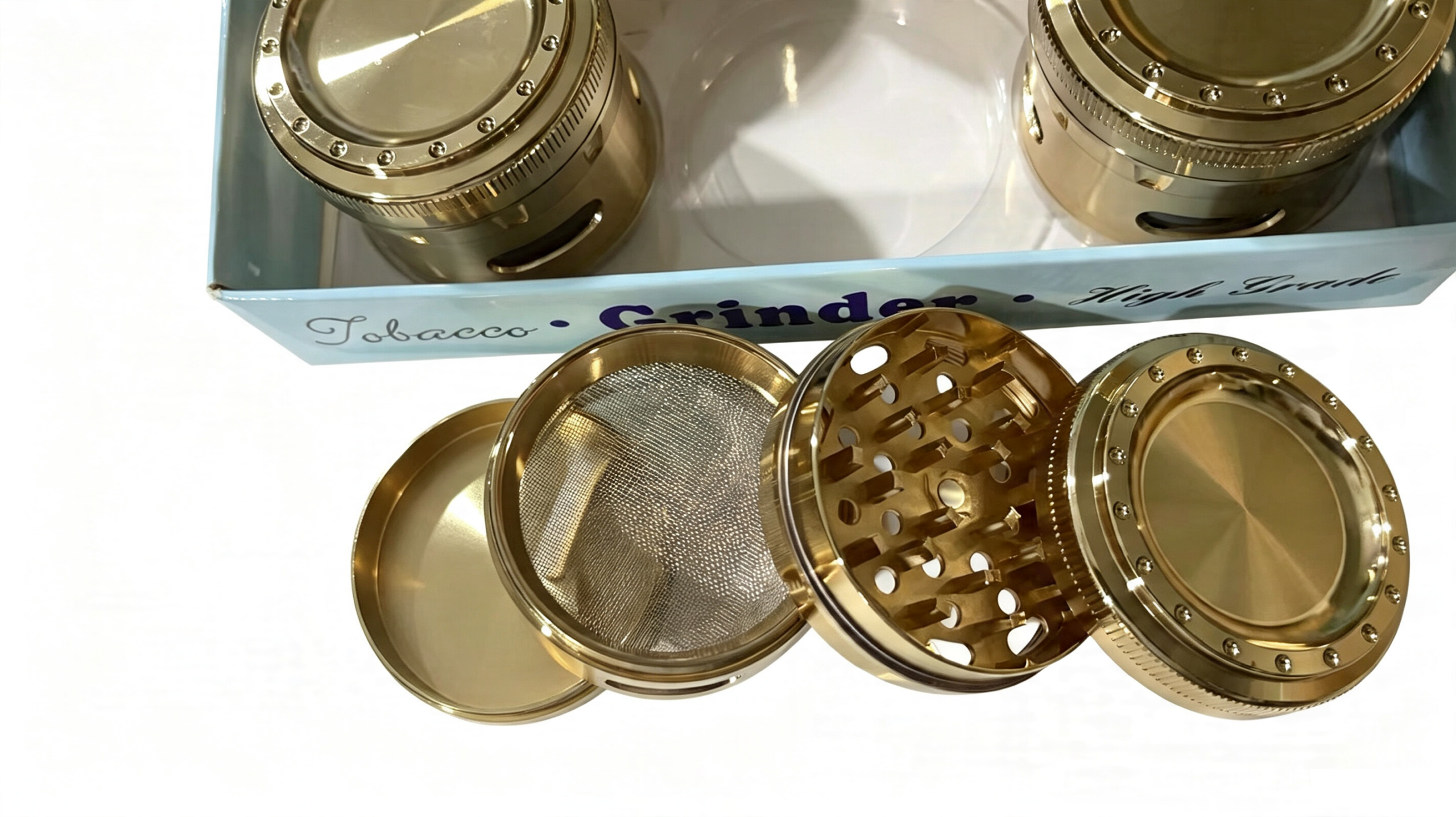 63mm 4-Part Gold Plated Zinc Alloy Herb Grinder with Side View Windows ZNG861