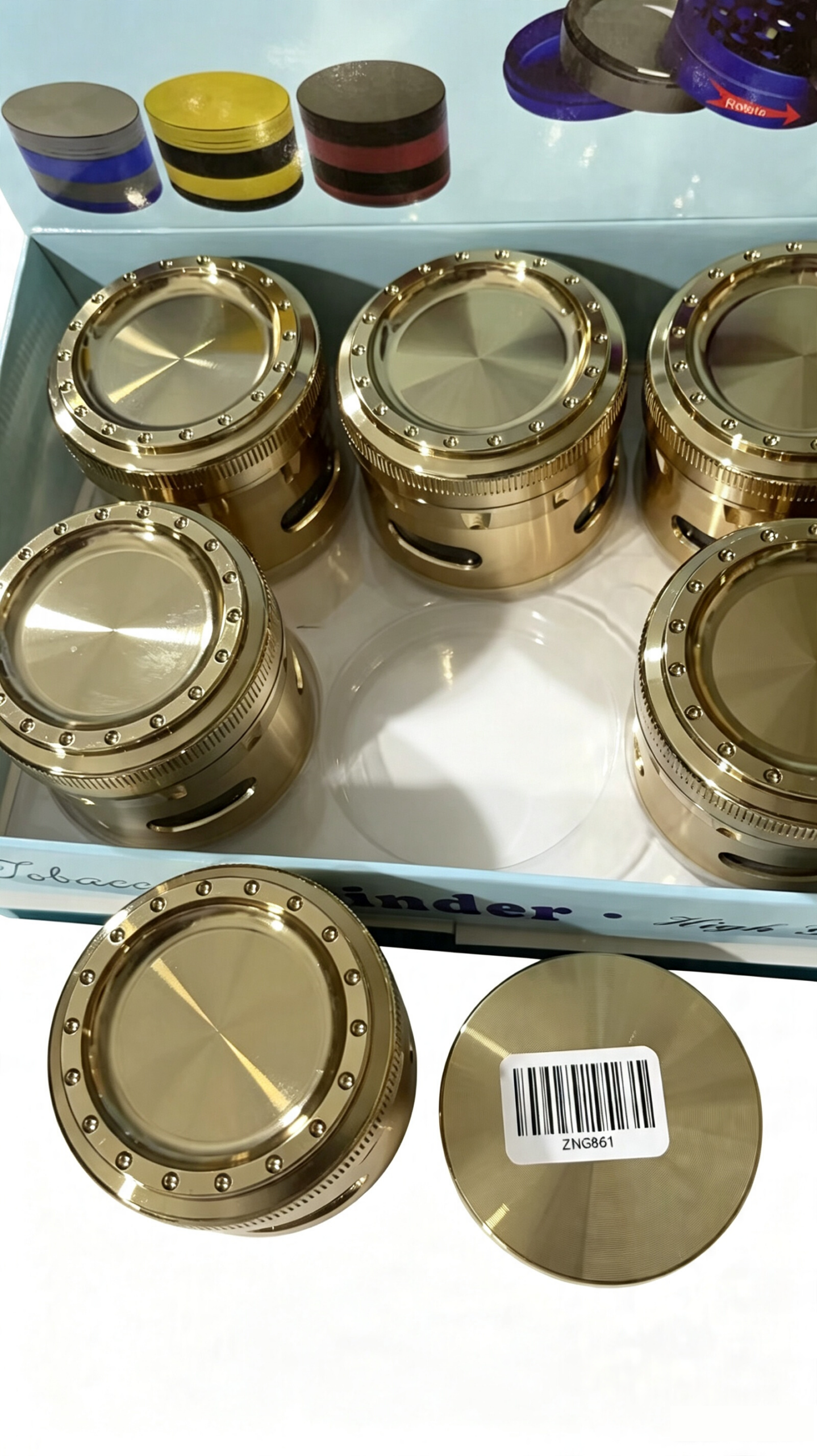 63mm 4-Part Gold Plated Zinc Alloy Herb Grinder with Side View Windows ZNG861 - Image 3