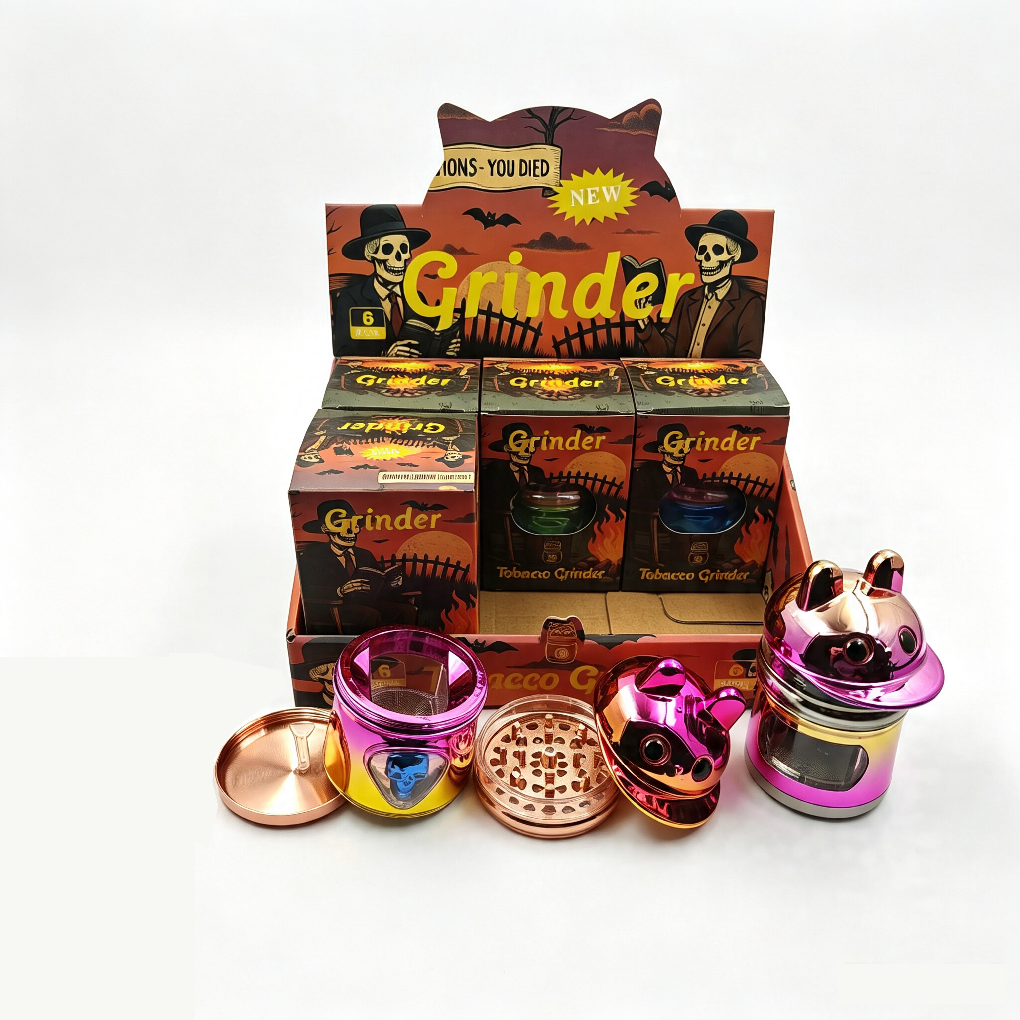 62×107mm 4 Layer Gradient Rainbow Electroplated Cat Zinc Alloy Herb Grinder ZNG880