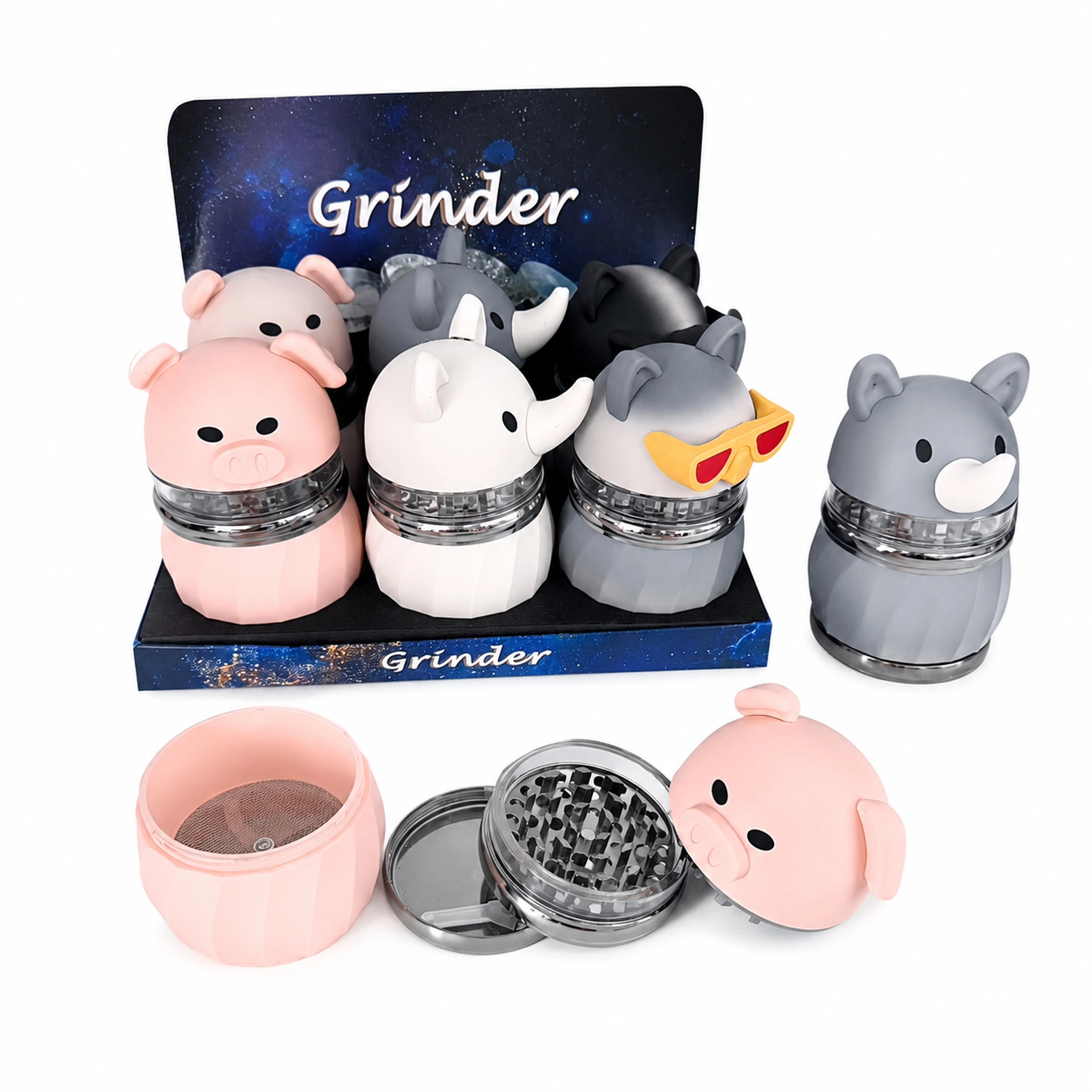 62×105mm 4 Layer Cartoon Pig Elephant Rhino Zinc Alloy Herb Grinder ZNG883