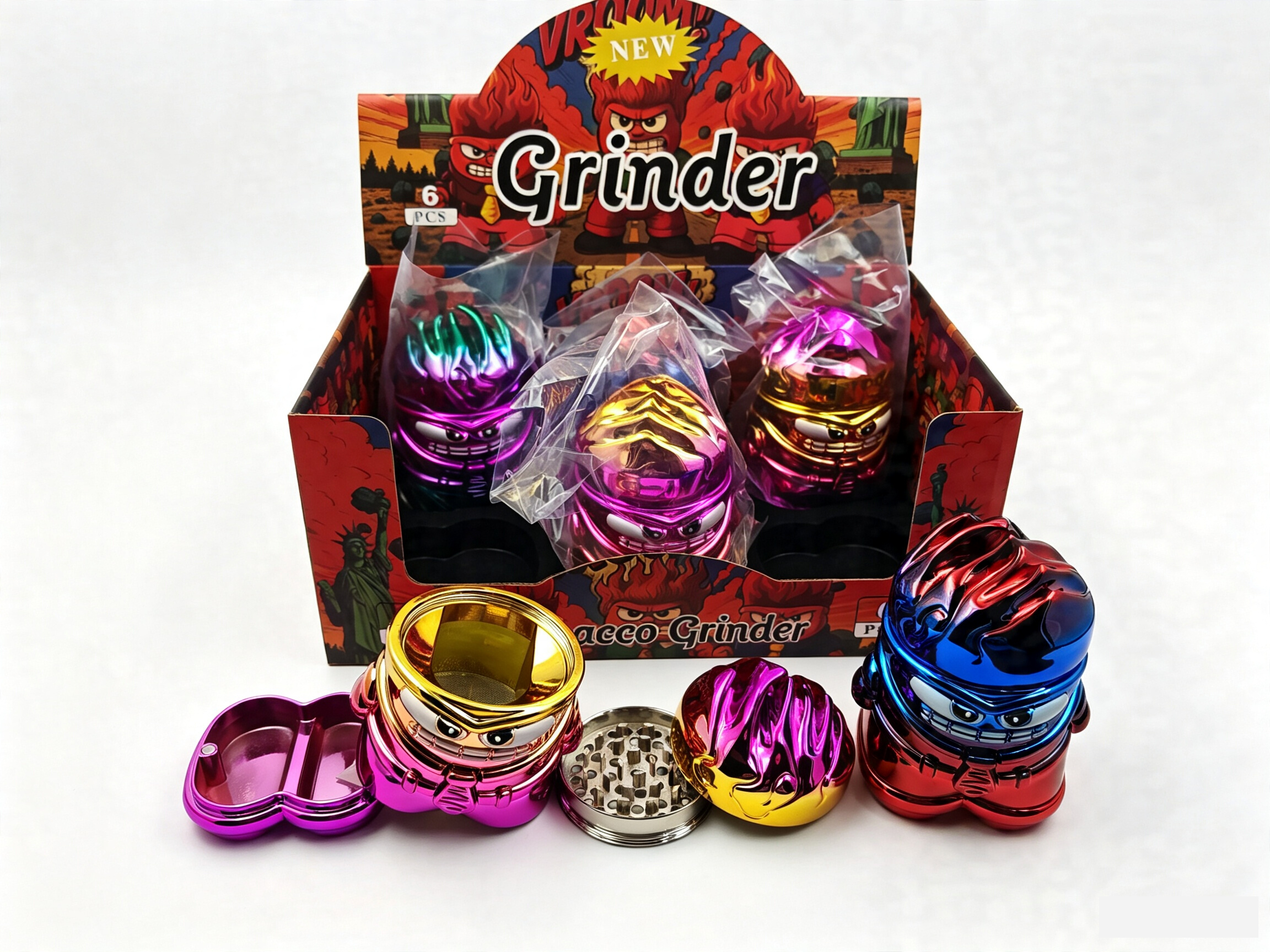87×113mm Cartoon Flame Monster 4-Layer Zinc Alloy Herb Grinder ZNG890